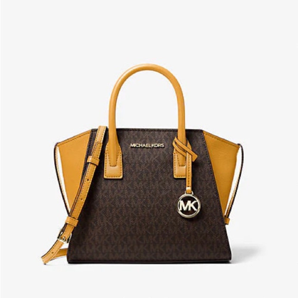 Michael Kors Avril SMALL Logo Top-Zip Satchel Marigold Brown/Acron